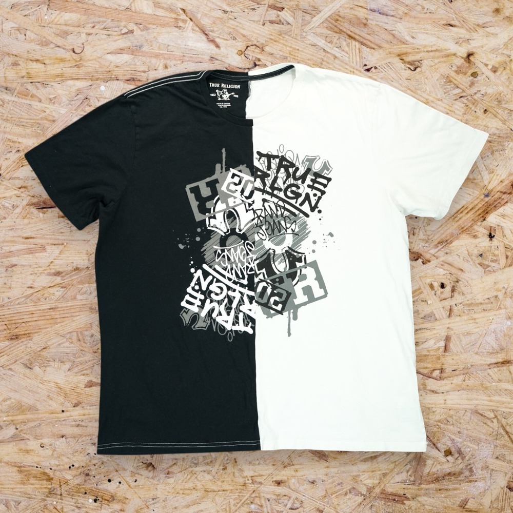 TRUE RELIGION World Tour‎ Men's Graffiti Print Graphic T Shirt 3XL Black & White